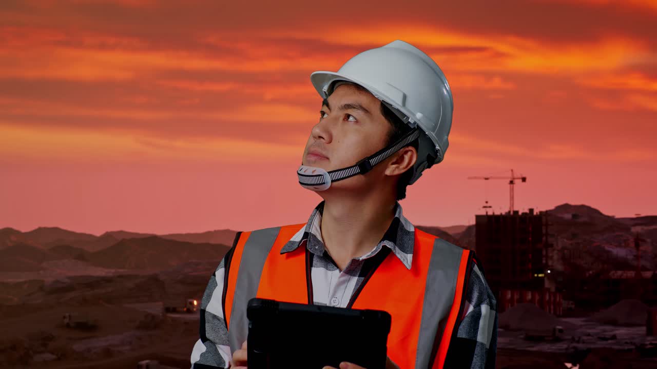 ingeniero en el sitio de construcción al atardecer