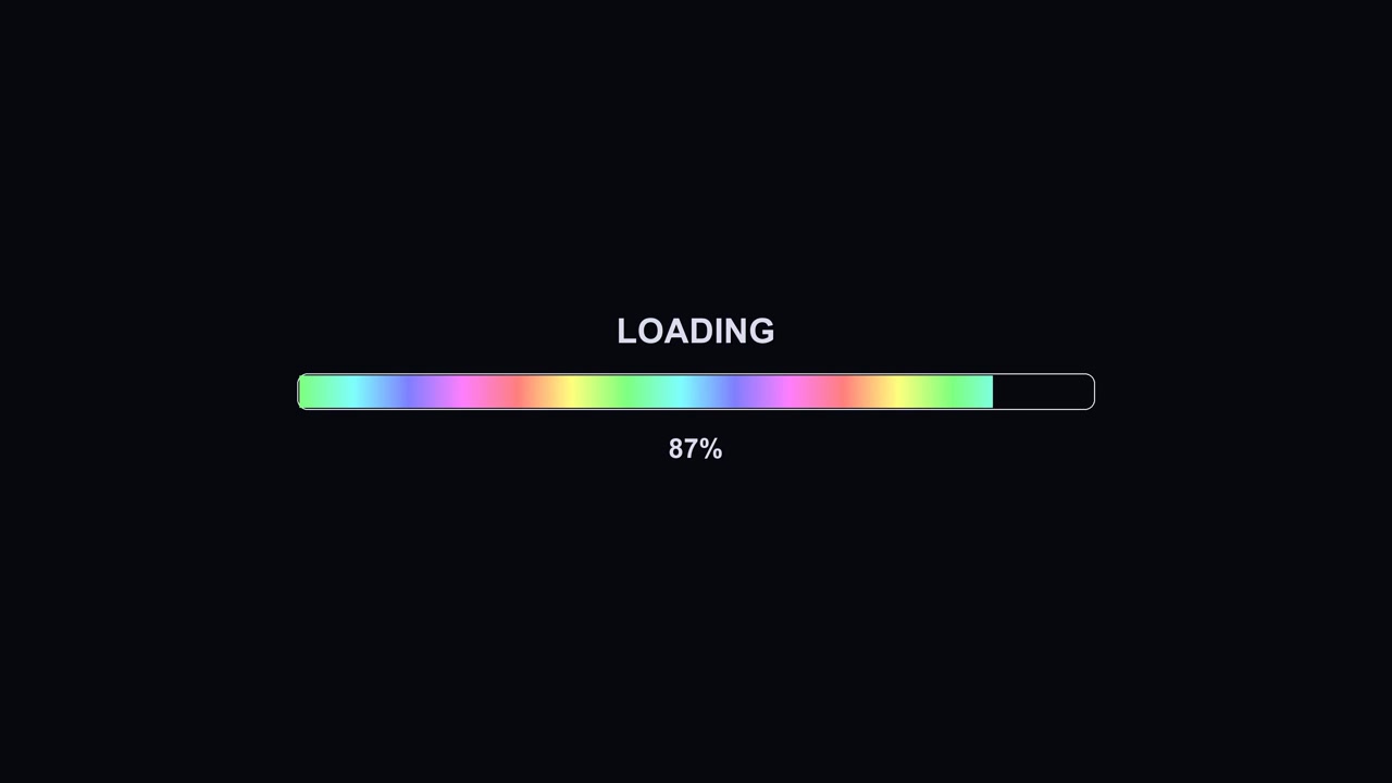A progress bar animation appears on the screen, indicating a loading process. The visual shows a colorful gradient bar reaching full completion at one hundred percent