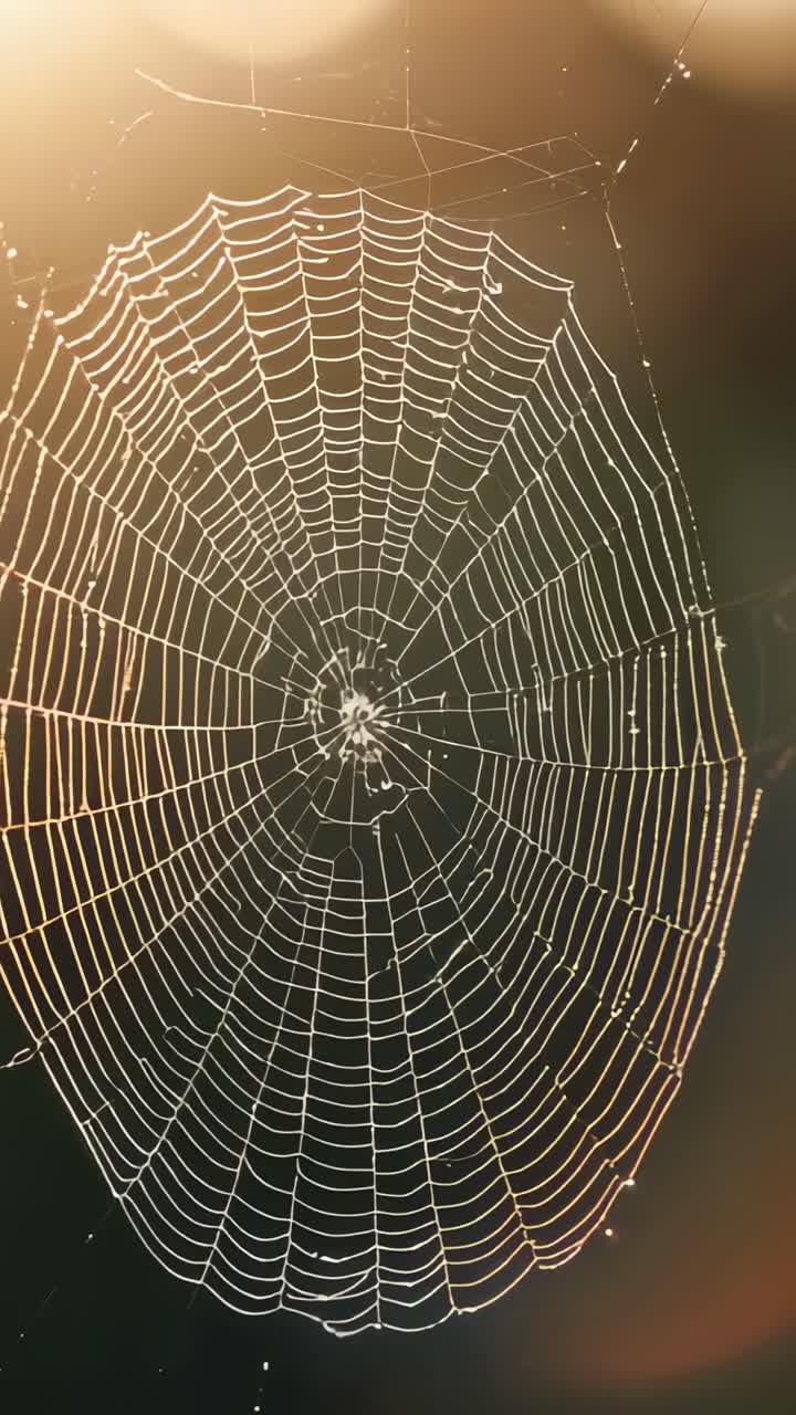 Vertical video: Spider web swaying in breeze under dawn sun in garden, with dew droplets sparkling