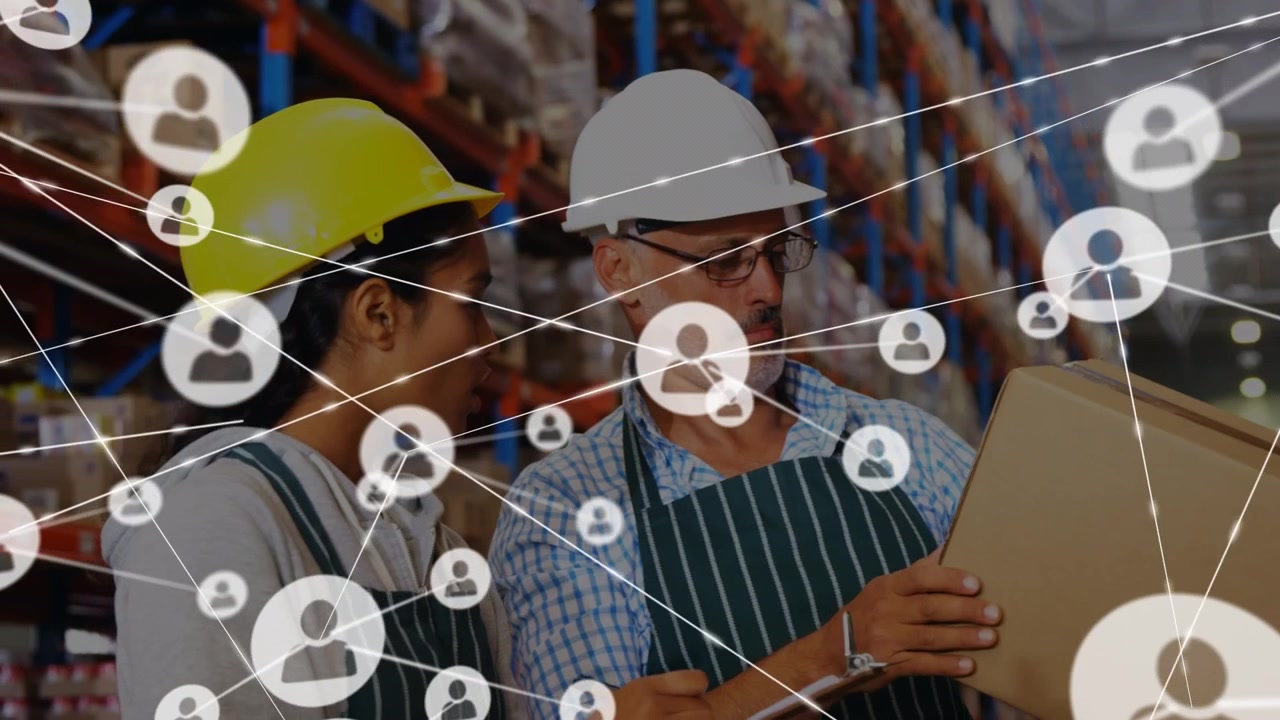 Animazione di una rete di connessioni su diversi lavoratori in un magazzino