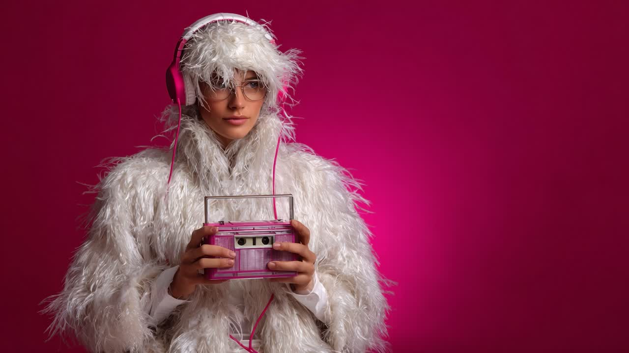 Una persona vestita con stile in un costume soffice, che ascolta musica da un boombox rosa su uno sfondo rosa vibrante, esprimendo gioia e giocosità.