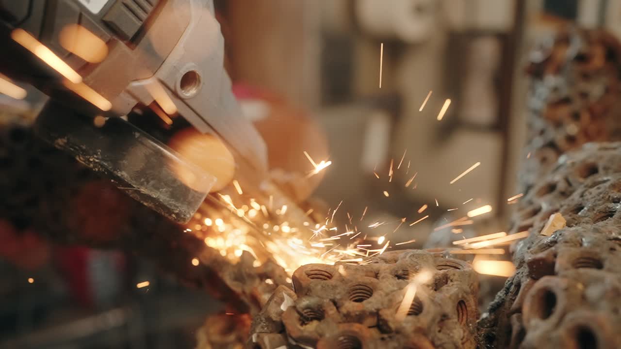 slow motion sparks fly as metal is shaped with precision and force