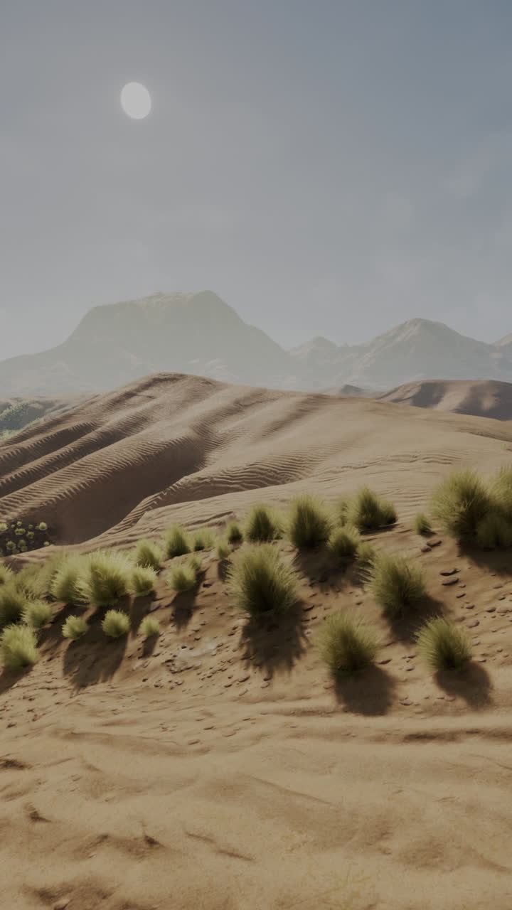 una vista panorámica de un paisaje desértico con dunas de arena, montañas y un sol brillante en el cielo