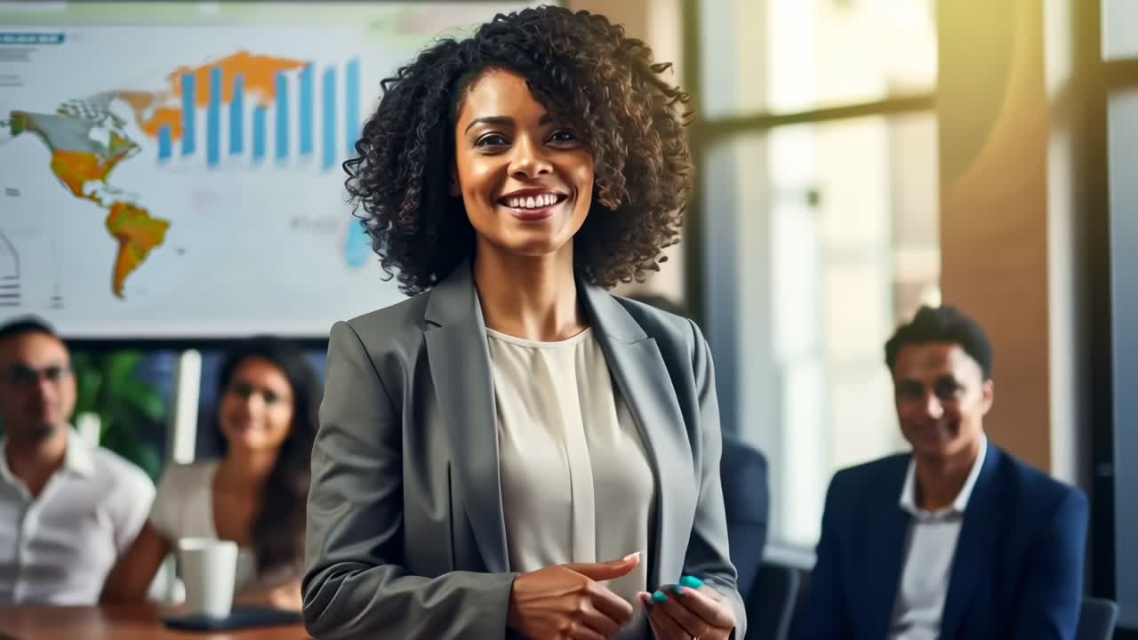 A confident woman presents in a business meeting, captured from a mid-angle