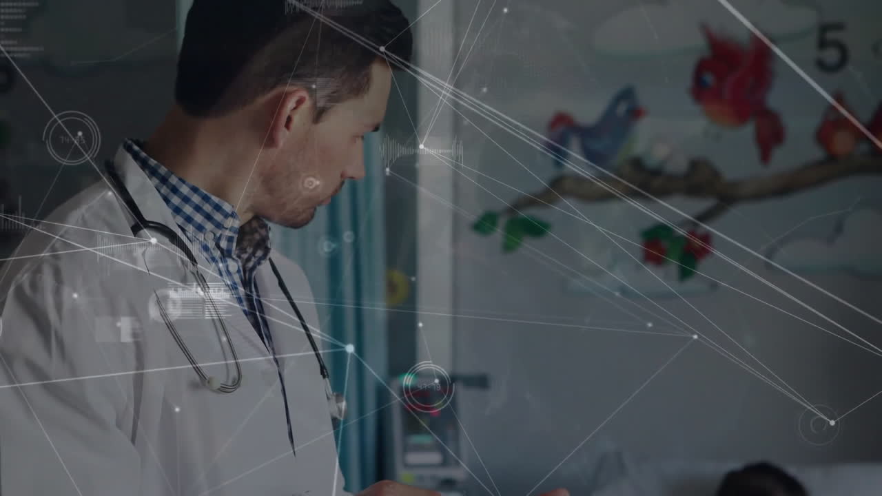 animación de una red de conexiones entre un médico caucásico y un niño paciente