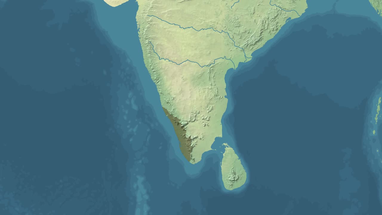 zoom en mapa de satélite animado del estado o provincia de kerala de la india con área reveladora