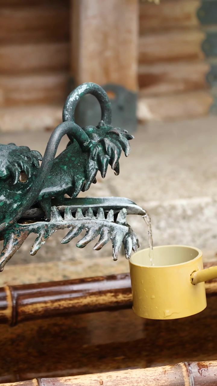 Close-up of water flowing from a bronze dragon statue into a bamboo ladle in Tokyo.