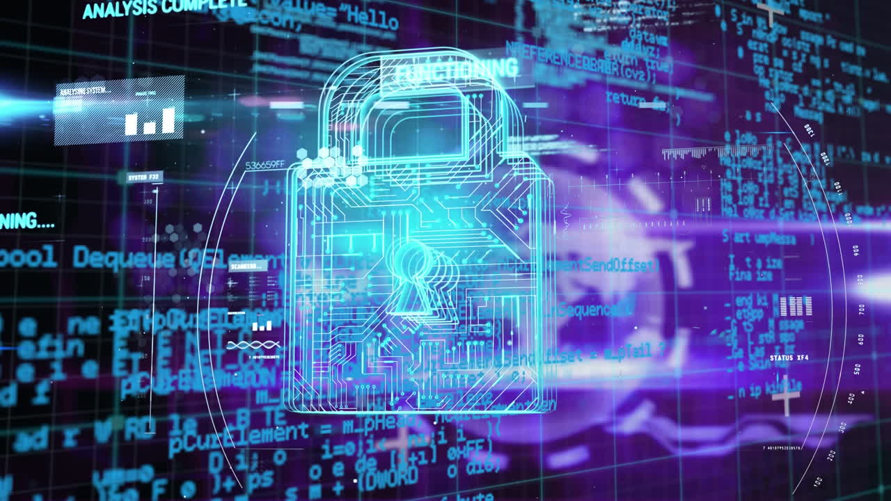 iconos de candado de seguridad contra el procesamiento de datos y globo sobre fondo púrpura