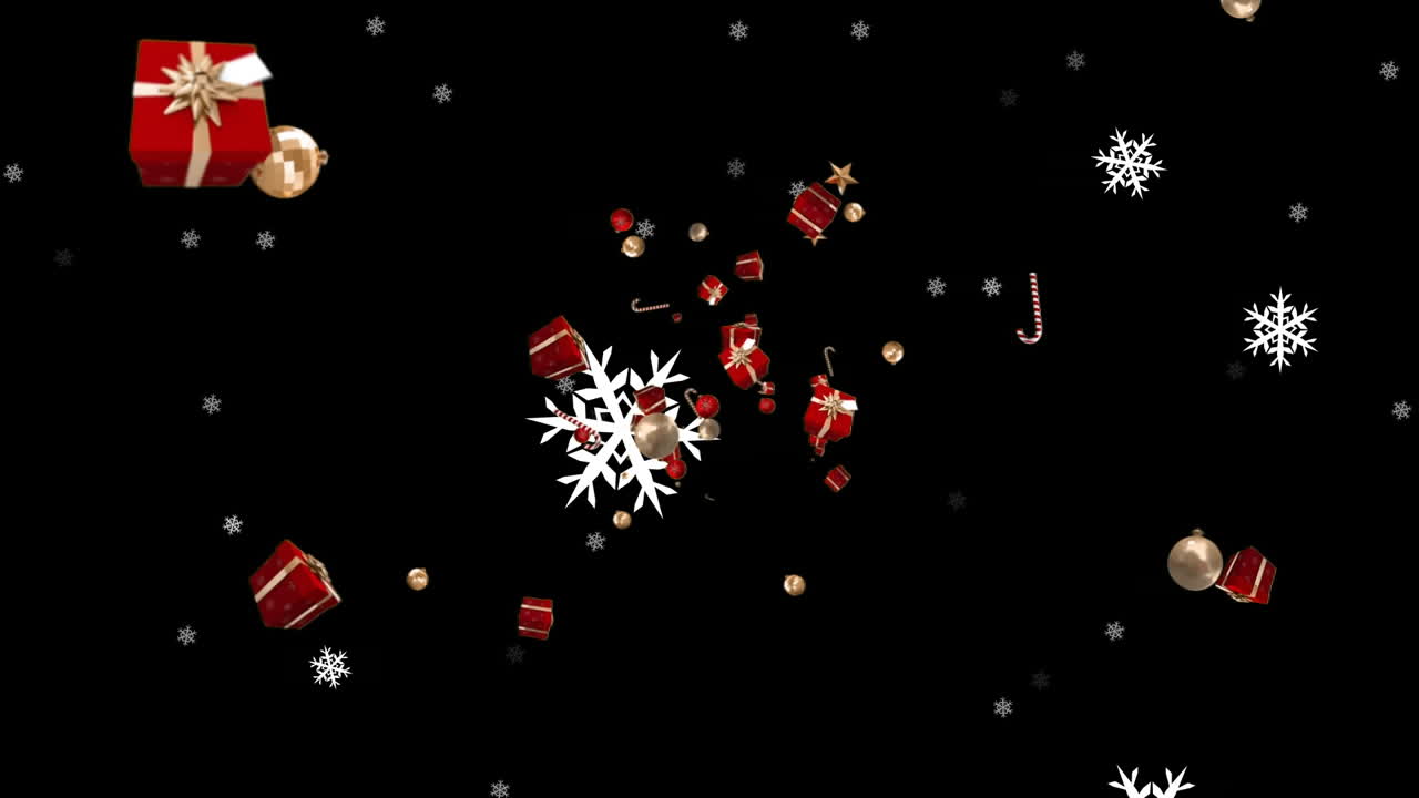 animación de regalos de navidad y nieve cayendo sobre fondo negro