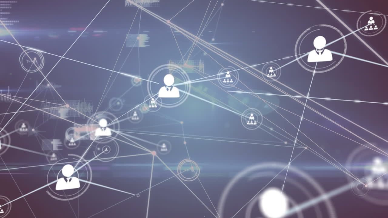 검은색 배경에 데이터 처리를 가진 아이콘으로 연결 네트워크의 애니메이션