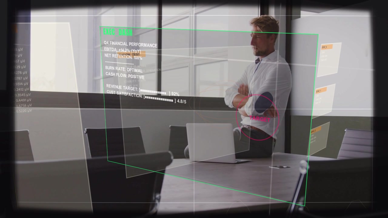 Manager leaning over laptop typing showing finance for review standing folding arms gazing windows