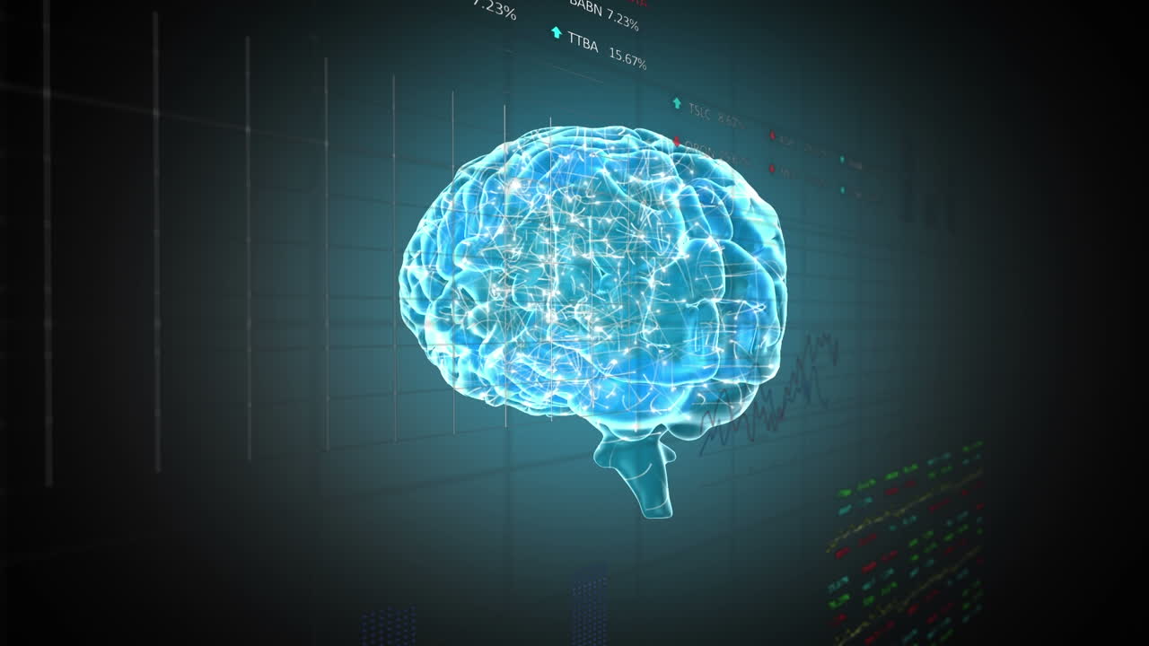 Animation of graphs and data over brain on blue background
