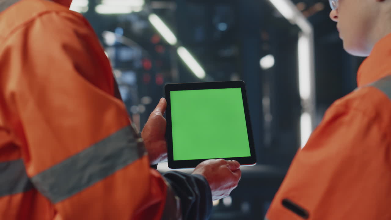 техники команды анализируют планшет с зеленым экраном на промышленном объекте вблизи.