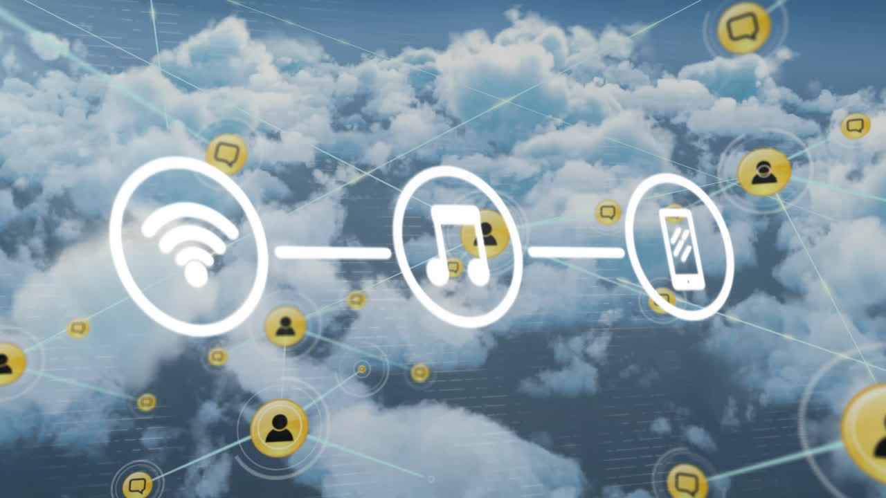 animación de redes de iconos de comunicación y medios sobre nubes y sol en el cielo azul