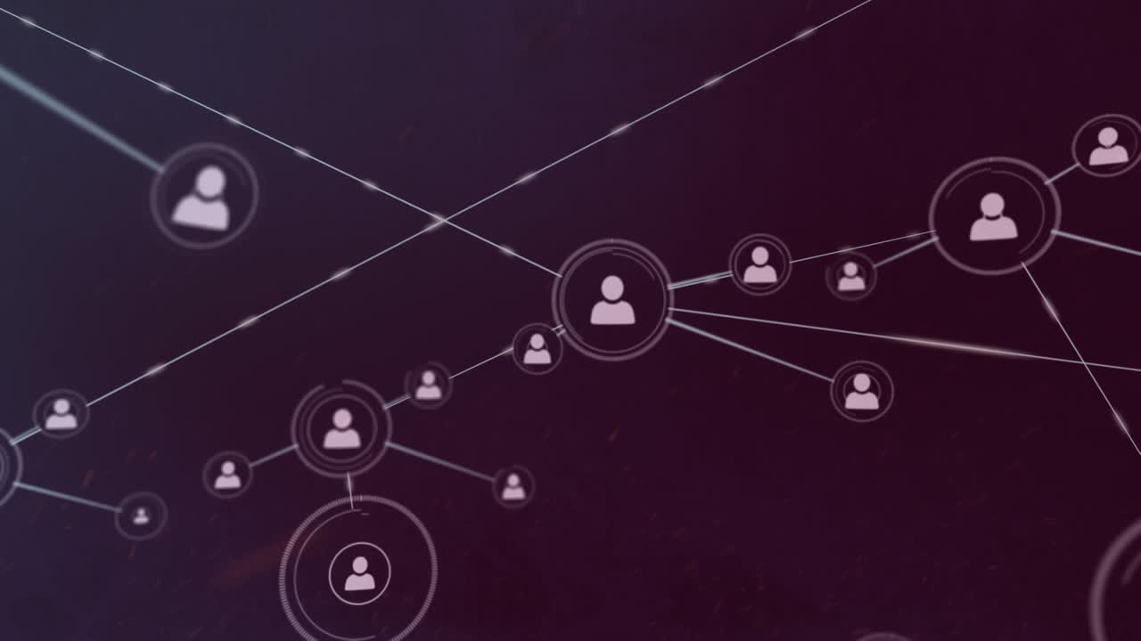 Animazione di rete di connessioni con icone su sfondo scuro