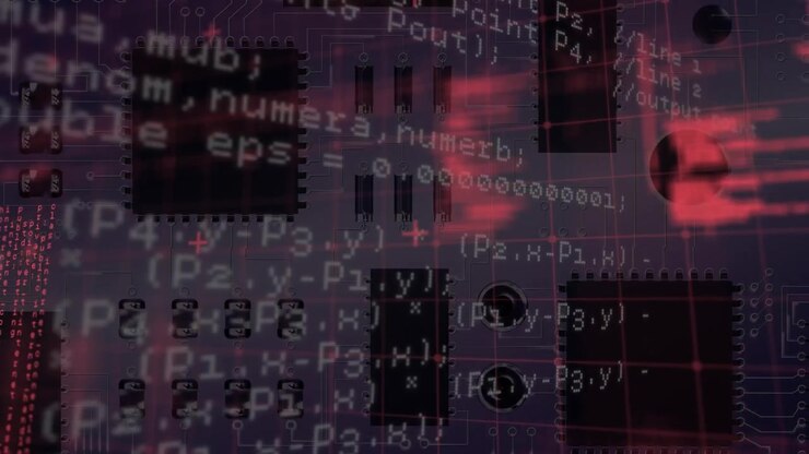 Animation of data processing over computer circuit board on white background