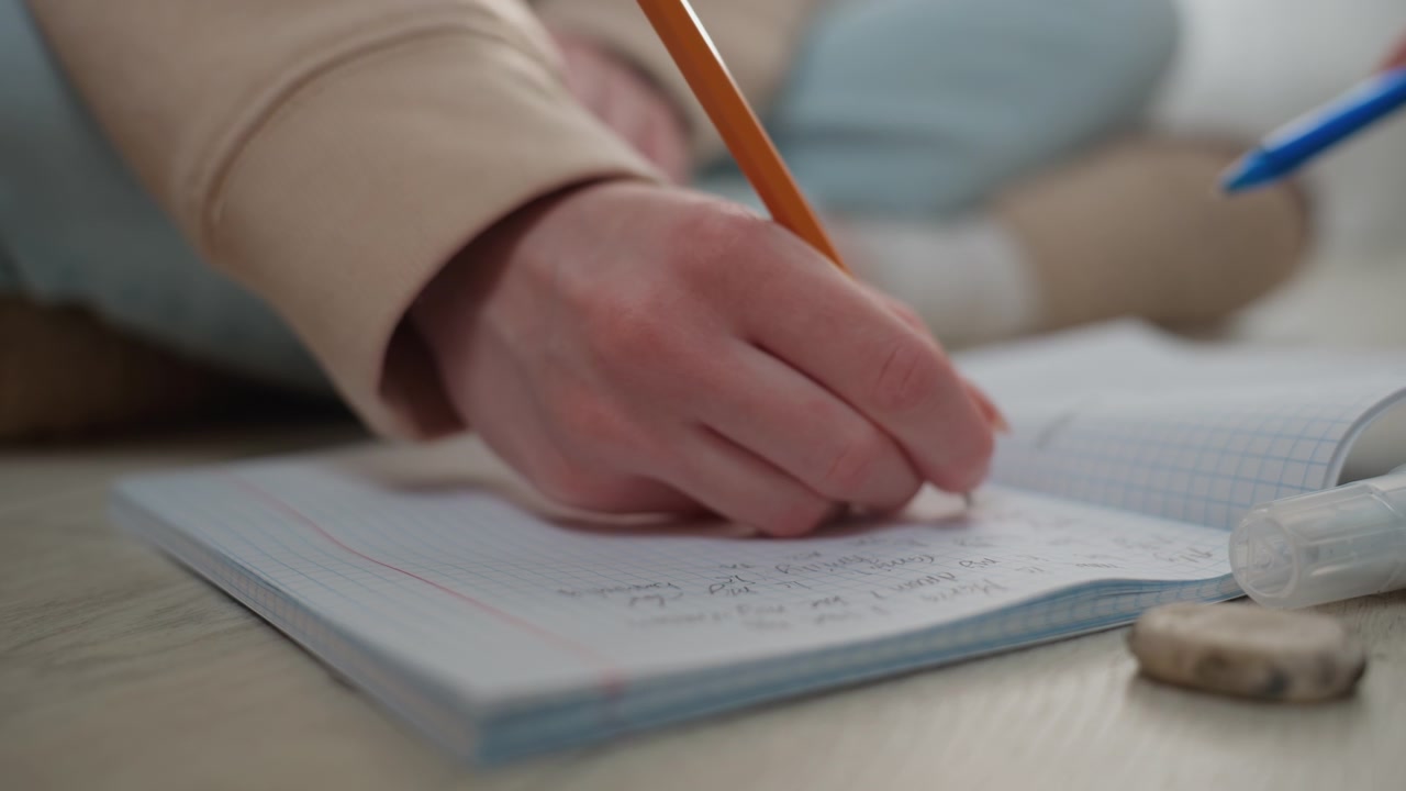 Close up hand writing grammar workbook in home tutoring session, pencil gliding over dotted pages, eraser beside notebook, tutor guiding student through spelling and sentence exercises, warm soft