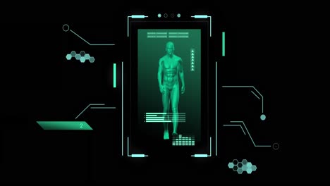 animation of human body and scientific data processing over black background