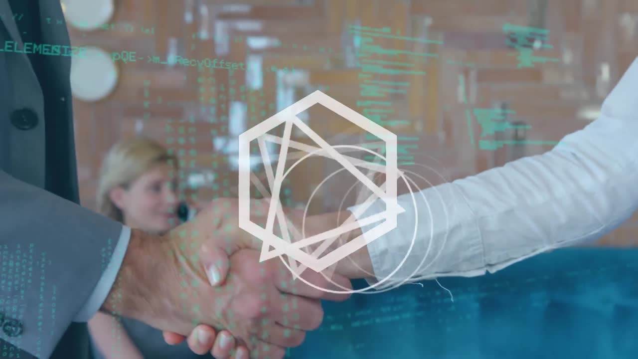 animación de formas geométricas en movimiento y procesamiento de datos sobre personas que se dan la mano