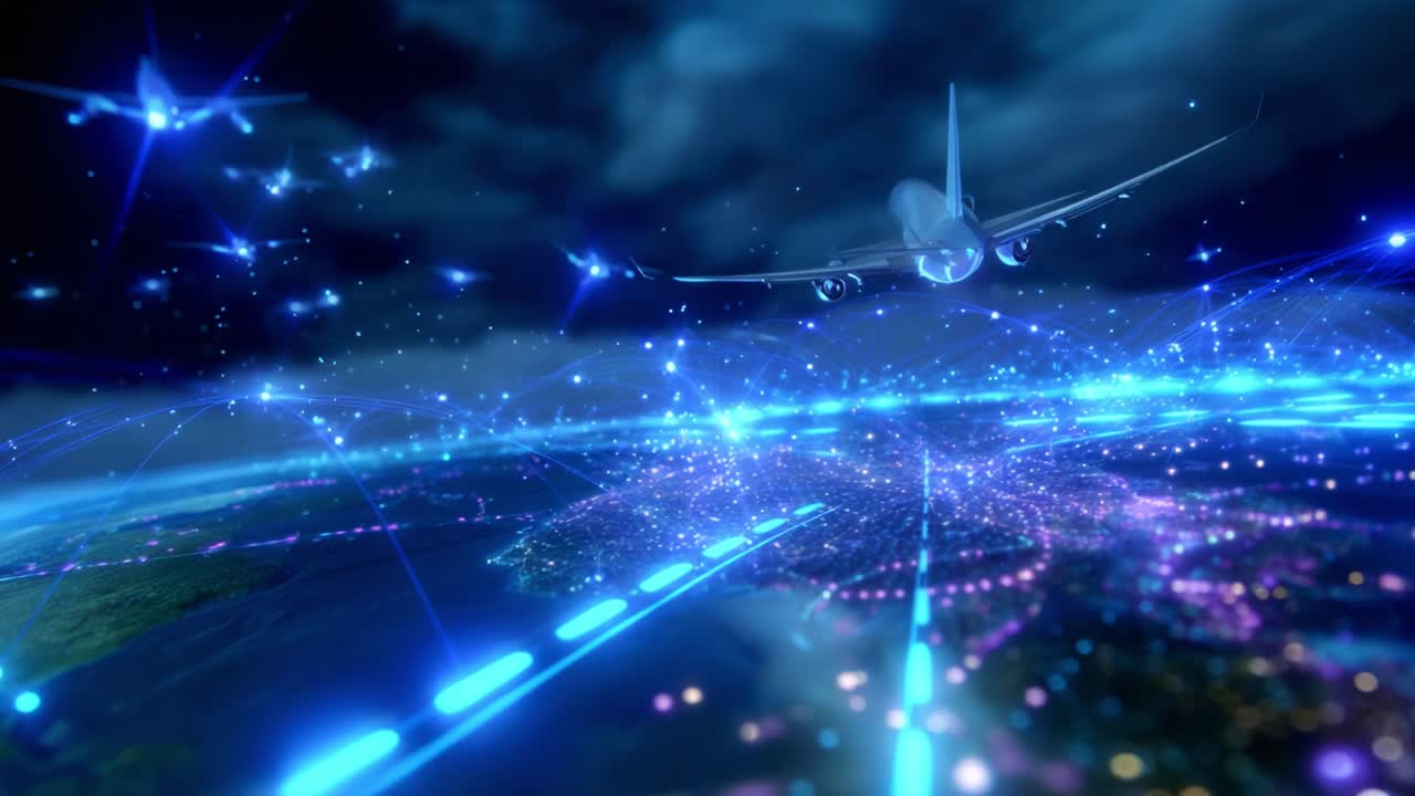 Aerial Magic: A Stunning Look at a Jet Flying Over a Vibrant Night Cityscape, Illuminated by a Dazzling Display of Lights and Geometric Patterns in a Celestial Atmosphere