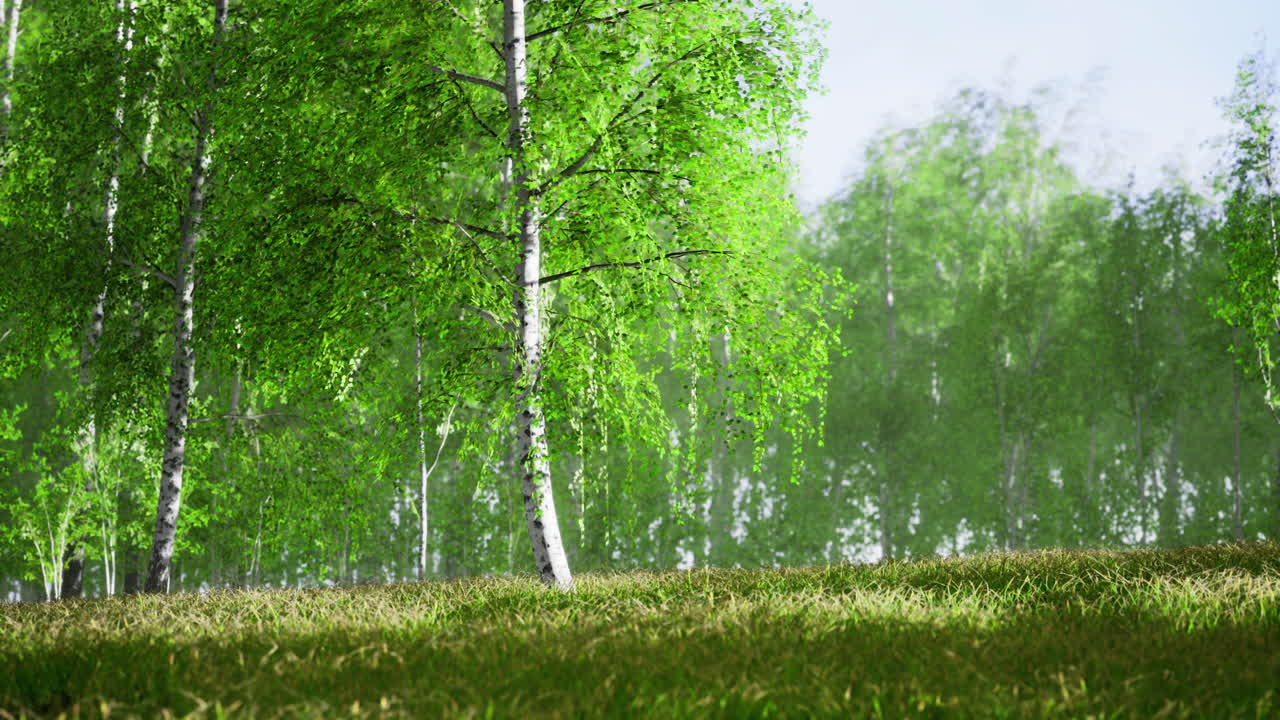 пышный зеленый лес с яркими деревьями и мягкой травой под солнечным светом