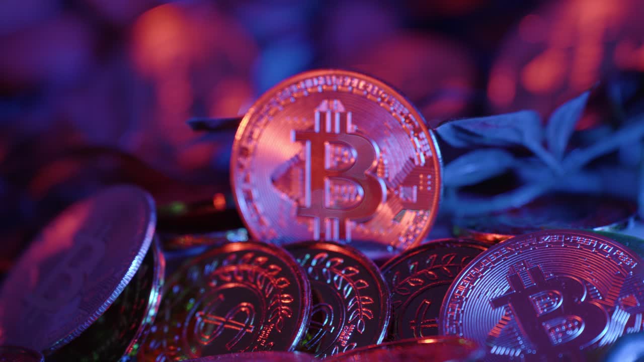 revealing shot of various golden cryptocurrency coins, bitcoin, Ethereum