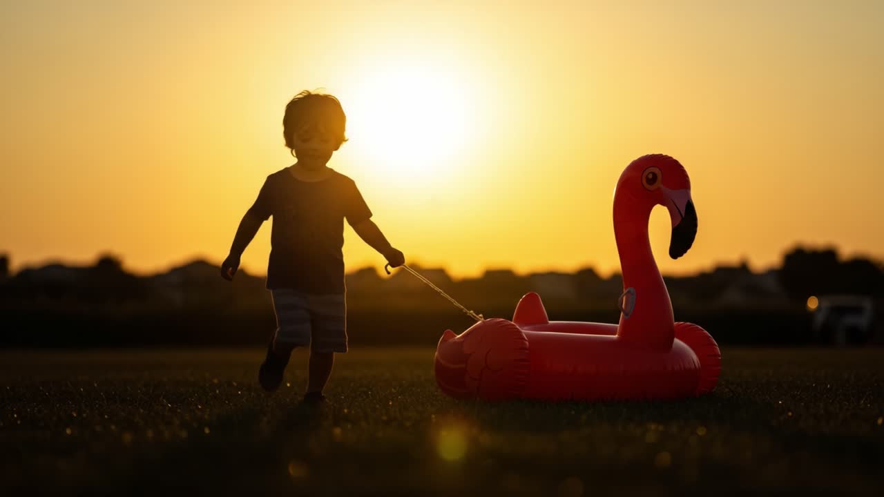 A Silhouette of a Child Walking with an Inflatable Flamingo Pool Toy Against a Stunning Sunset Background in a Serene Outdoor Setting