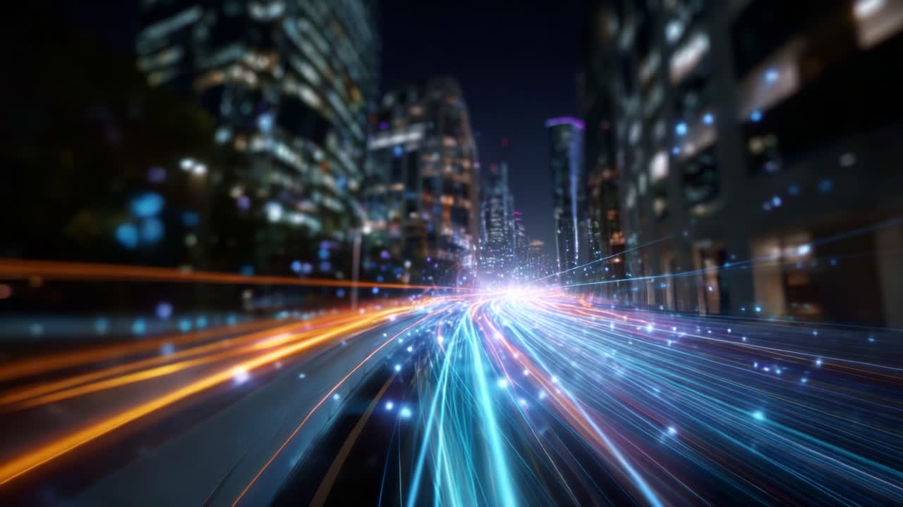 Scie di luce dinamiche in un vivace paesaggio notturno urbano che mostrano l'energia e il movimento della vita cittadina con colori luminosi e movimenti rapidi per le strade
