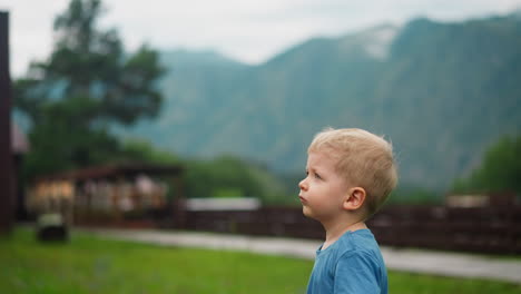 upset toddler boy stands on meadow against large mountains