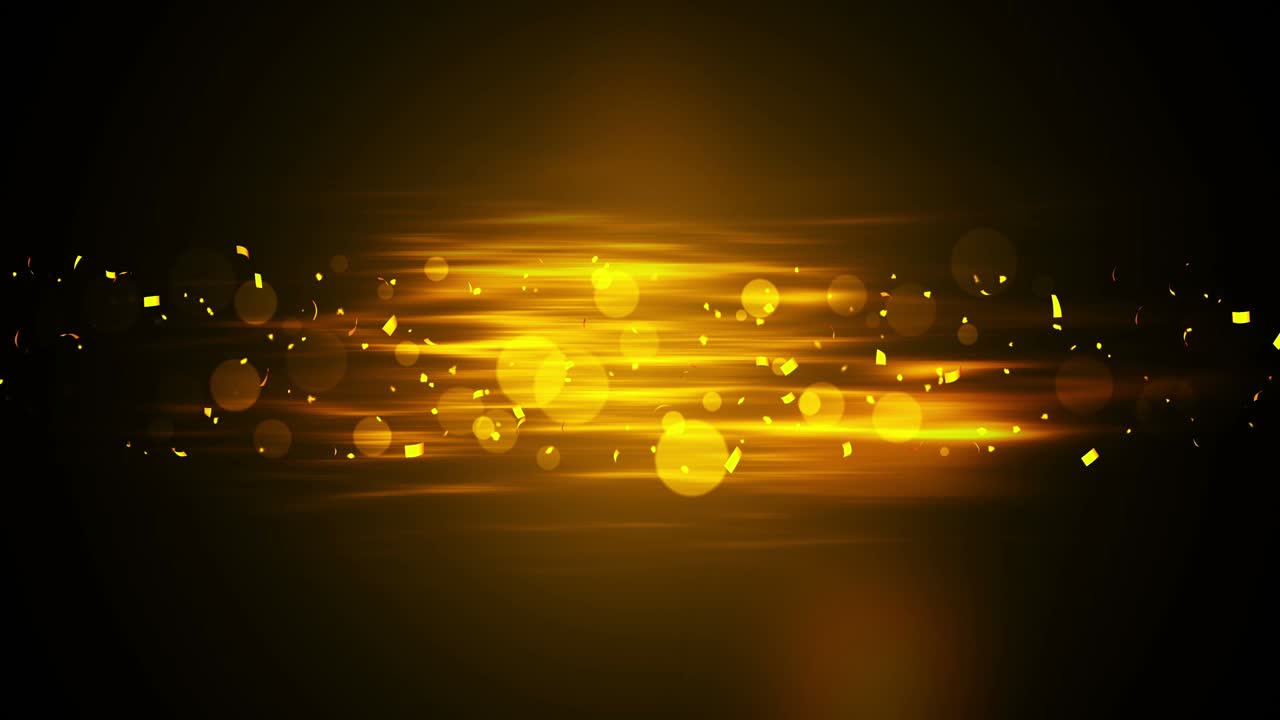 반이는 황금색 콩페티, 황금색의 밝은 축제 틴셀, 검은색 배경에 보케 조명, 반이는 파동 디자인, 루프 애니메이션, 텍스트를 복사하는 공간.