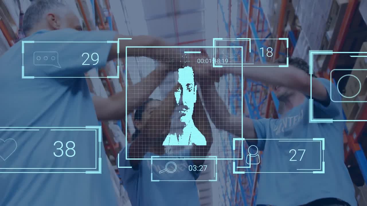 animación de iconos de personas sobre diversos voluntarios en el almacén