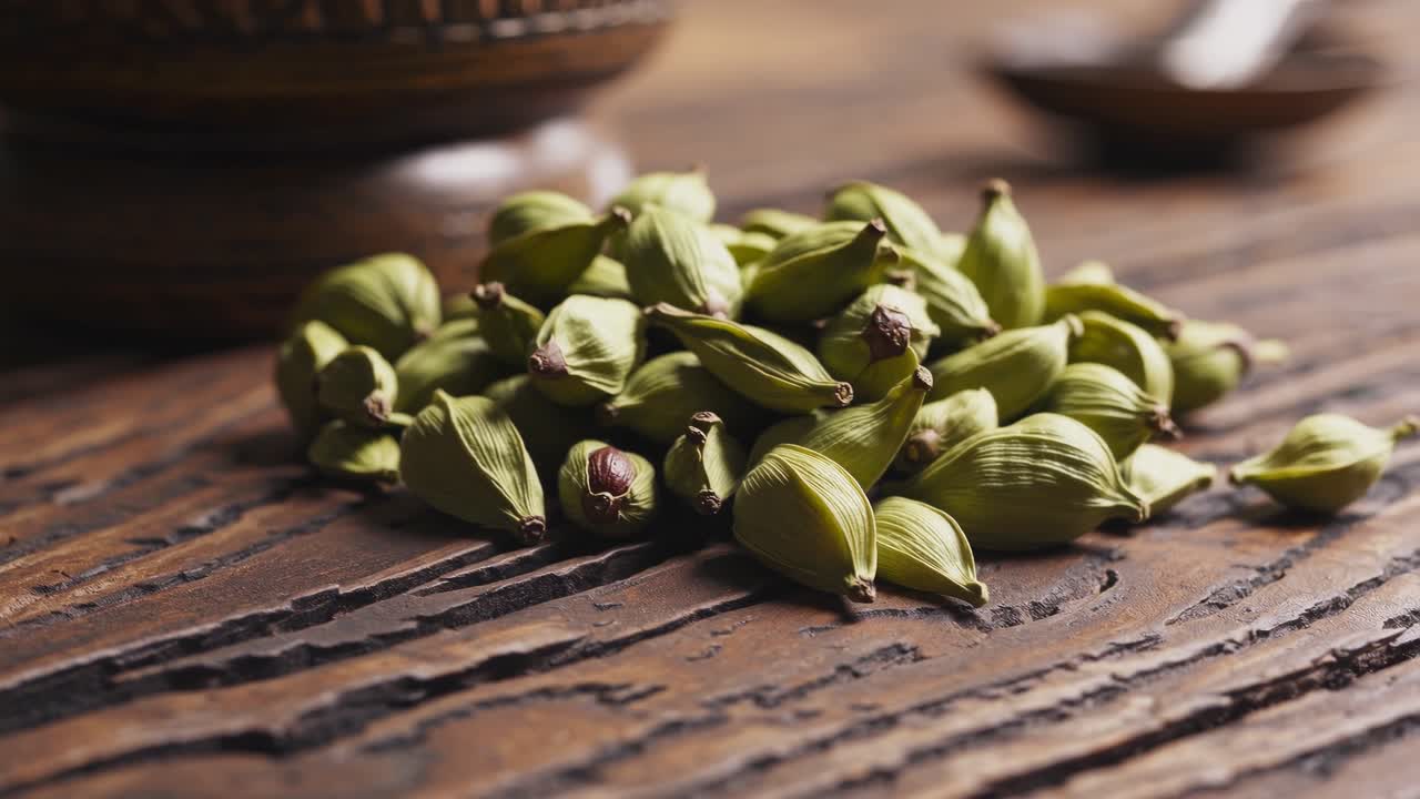Video ravvicinato di baccelli di cardamomo verde su una superficie di legno rustico, che ne mostra la texture e i dettagli.