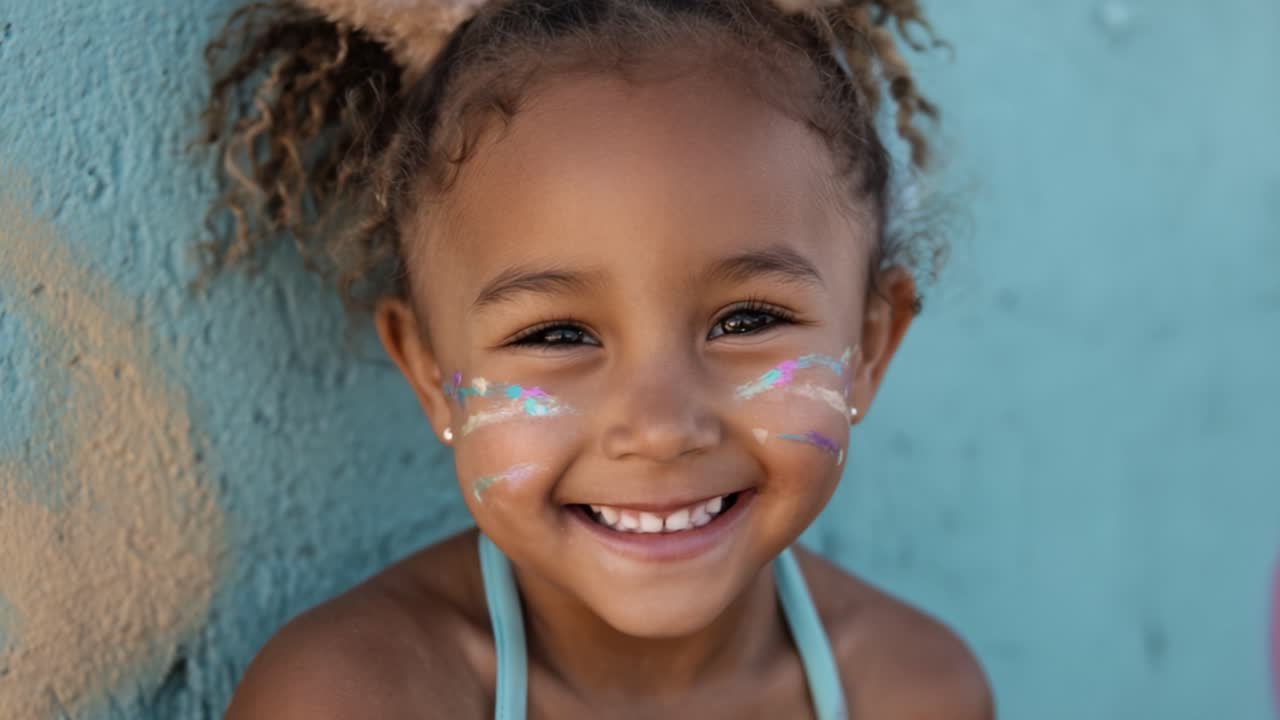 Joyful Expressions of Childhood: A Young Girl's Bright Smile Captured with Colorful Face Paint Against a Vibrant Blue Background
