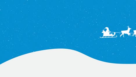 Animation-of-santa-claus-in-sleigh-with-reindeer-moving-over-snow-falling-on-blue-background