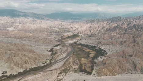 high altitude aerial view about the rio calchaqui bridge environment, salta, argentina, south america