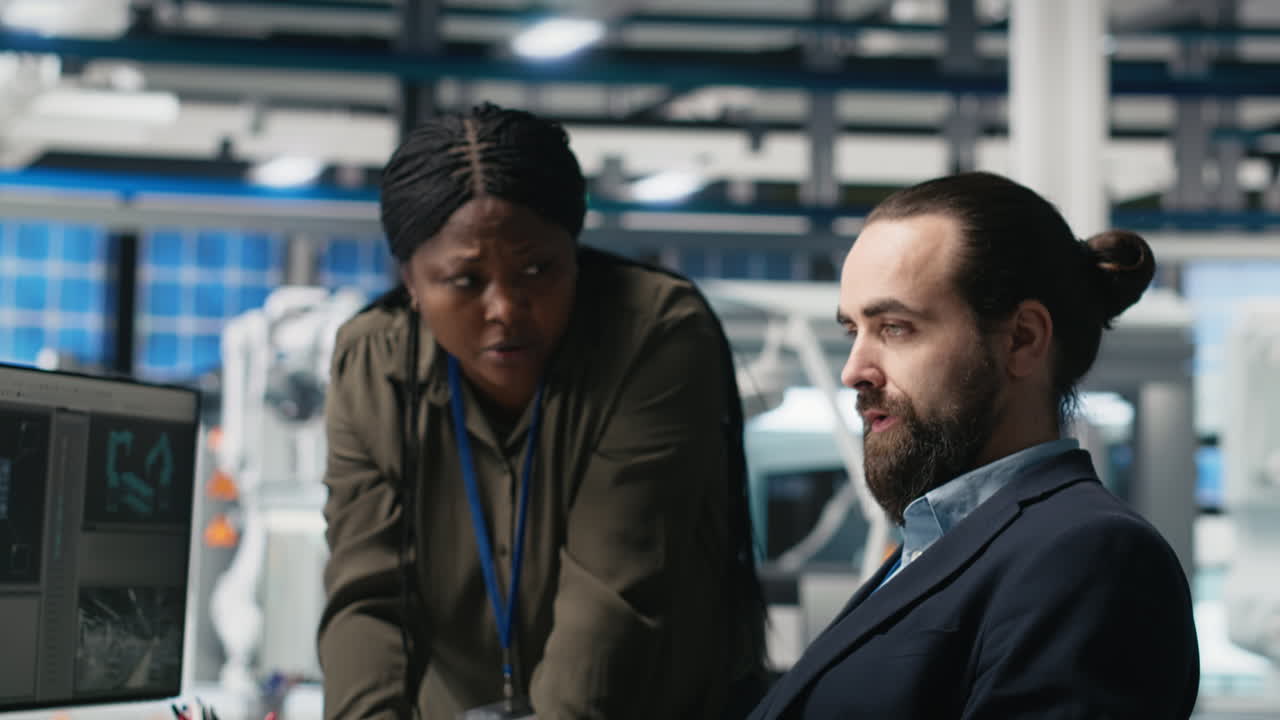 Two professionals discussing a project on a computer screen