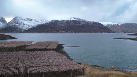 cinematic tracking shot of fish racks in norway