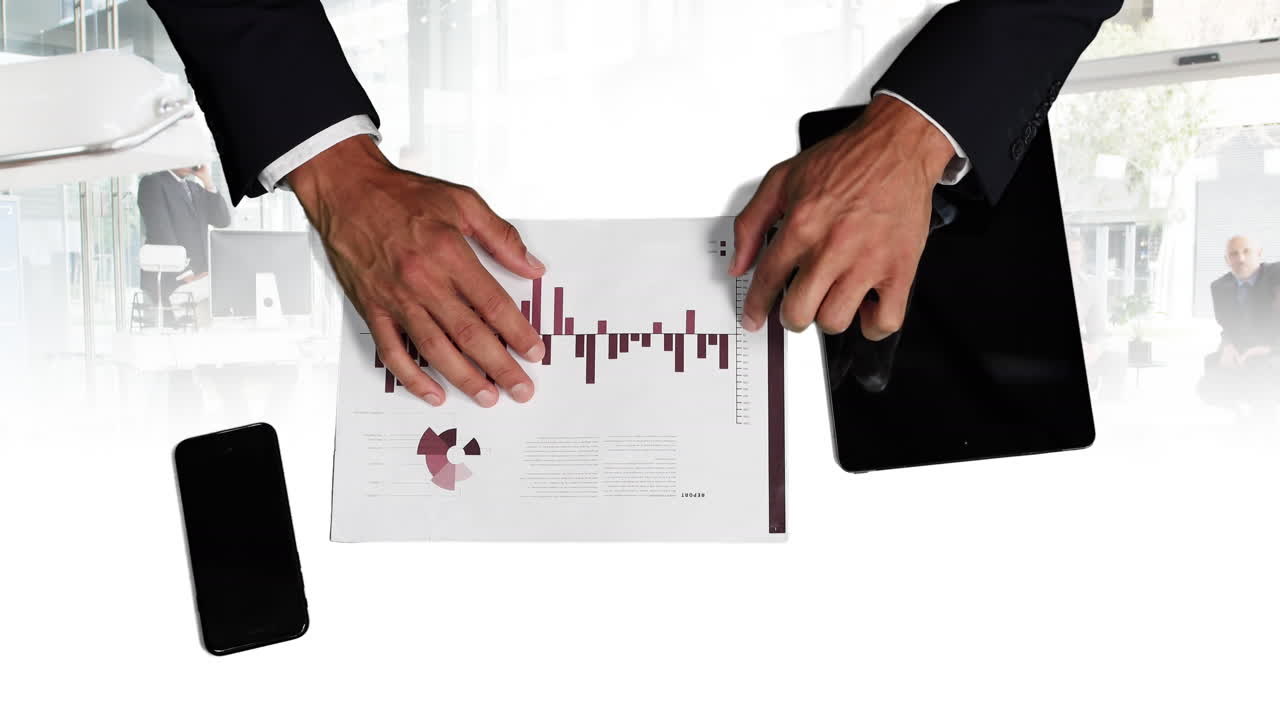 Animation of caucasian businessman with statistics over people walking and cityscape