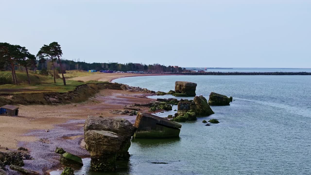 Historic coastal ruins, Karosta, Liepaja Latvia with view toward sea breakwater