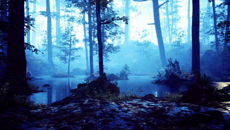 mysterious forest landscape with foggy lake at dusk in tranquil nature