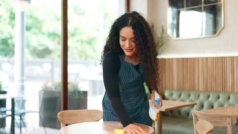 Woman,-cafe-and-cleaning-table-with-spray