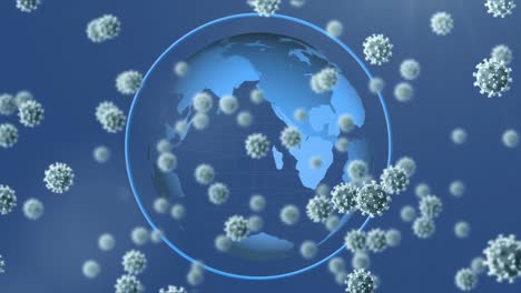 Animation-of-3d-covid-19-cells-floating-over-globe-on-blue-background