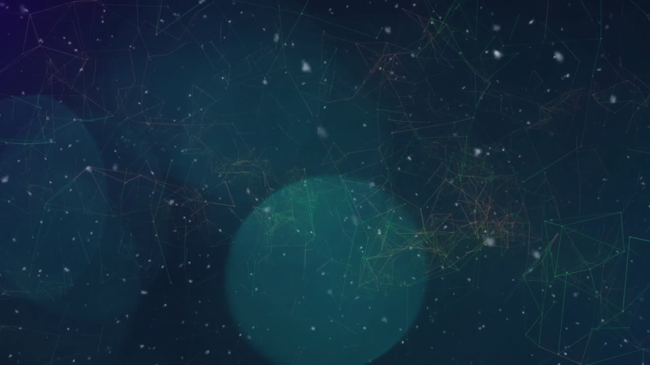 Animation of snow falling and light spots over network of connections on black background