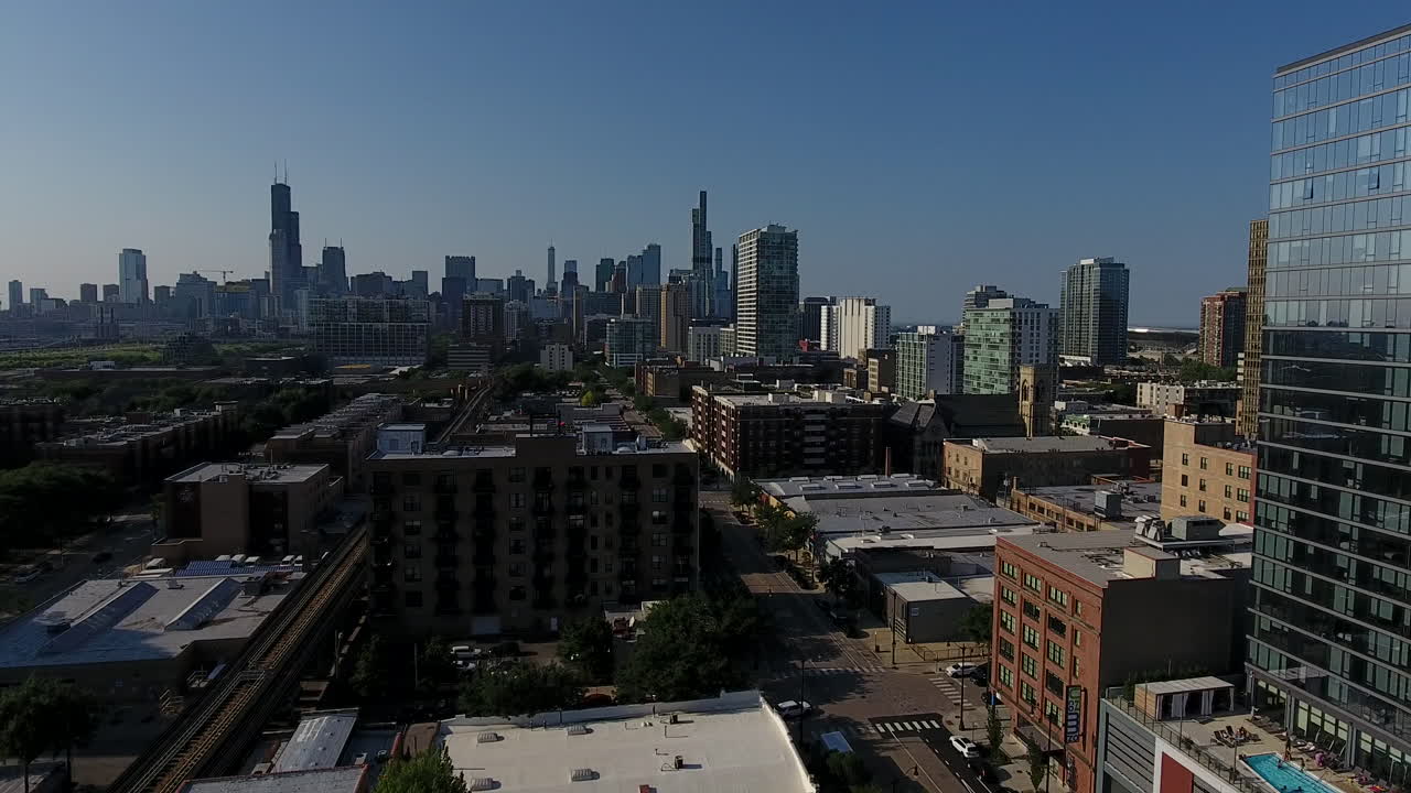 Veduta aerea del centro di Chicago, USA, dal lato sud: torri del quartiere finanziario centrale, skyline della città