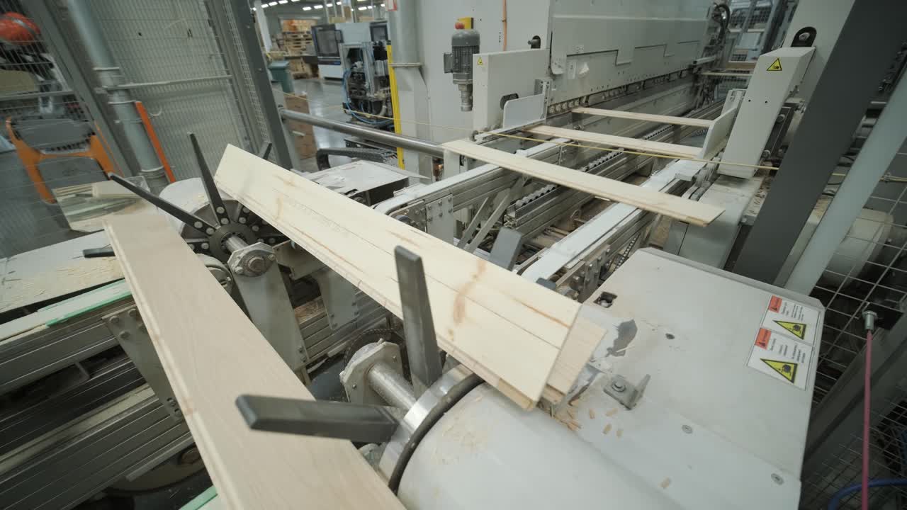 Wooden Planks Moving on Automated Production Line in Wood Processing Factory