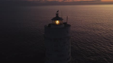 wonderful aerial drone shot of solitary lighthouse with seagull on top, dusk