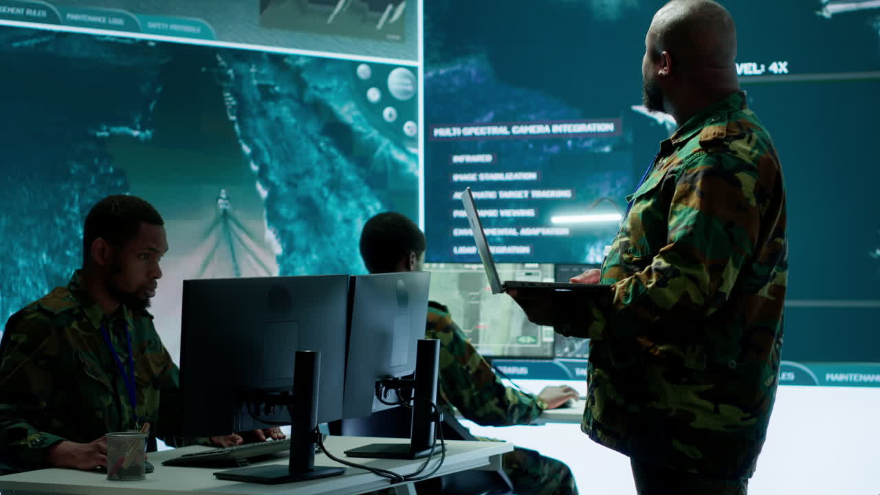 Cybersecurity team operates in an advanced military command center