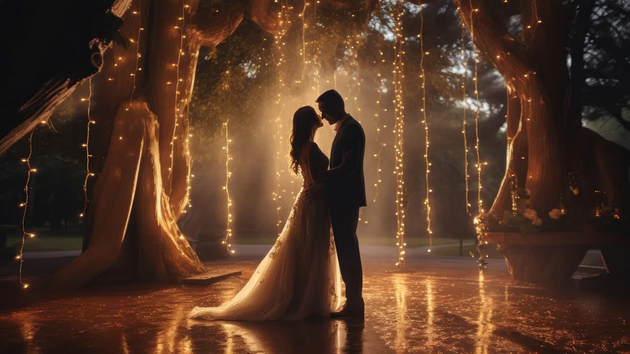 Romantic video scene of a couple silhouetted under twinkling lights, captured from a low angle