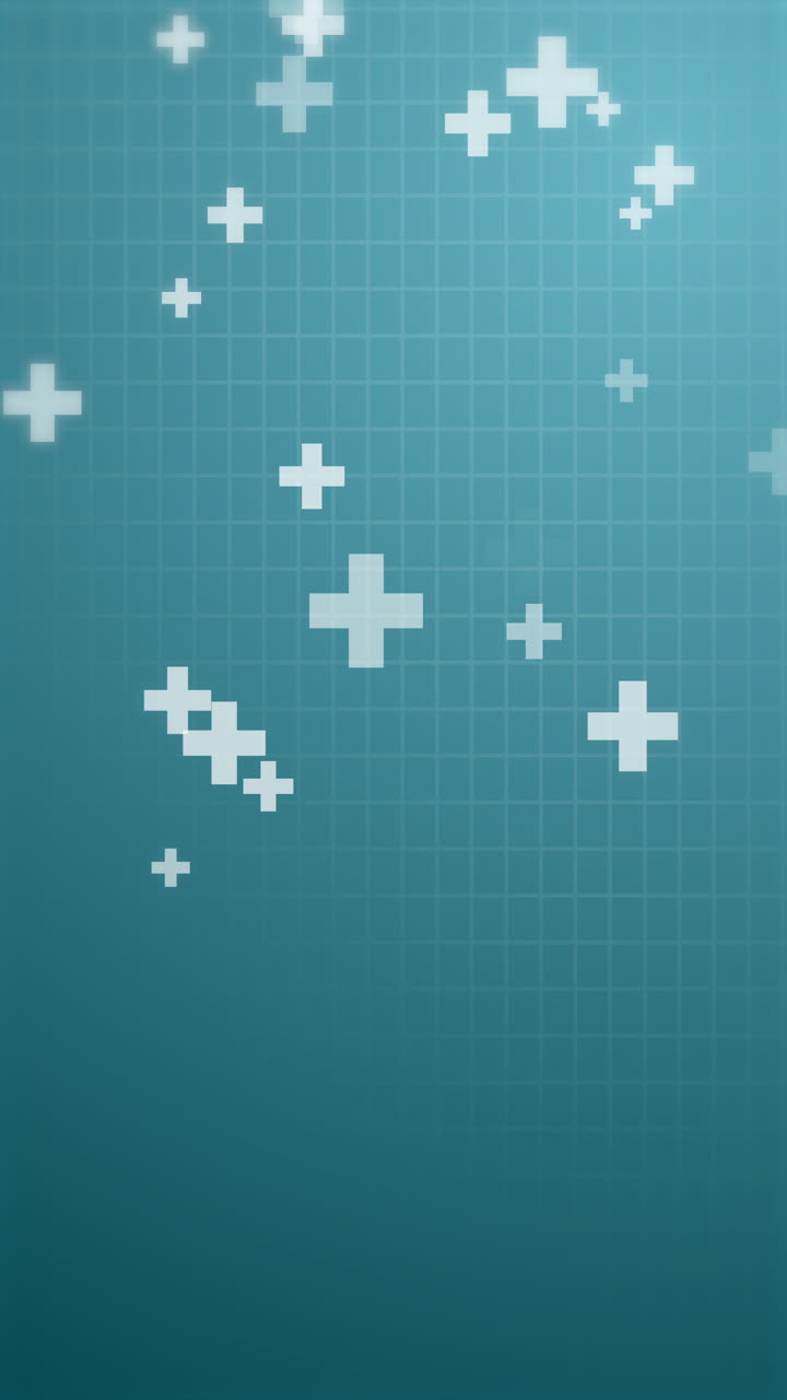 Healthcare medical flying plus pattern. White mathematical plus symbols. Loop green background. Copy space. Vertical video.