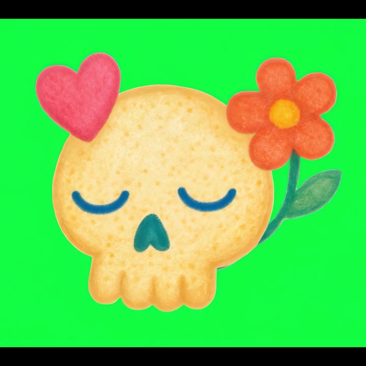 Teschio animato da cartone con cuore e fiore su green screen